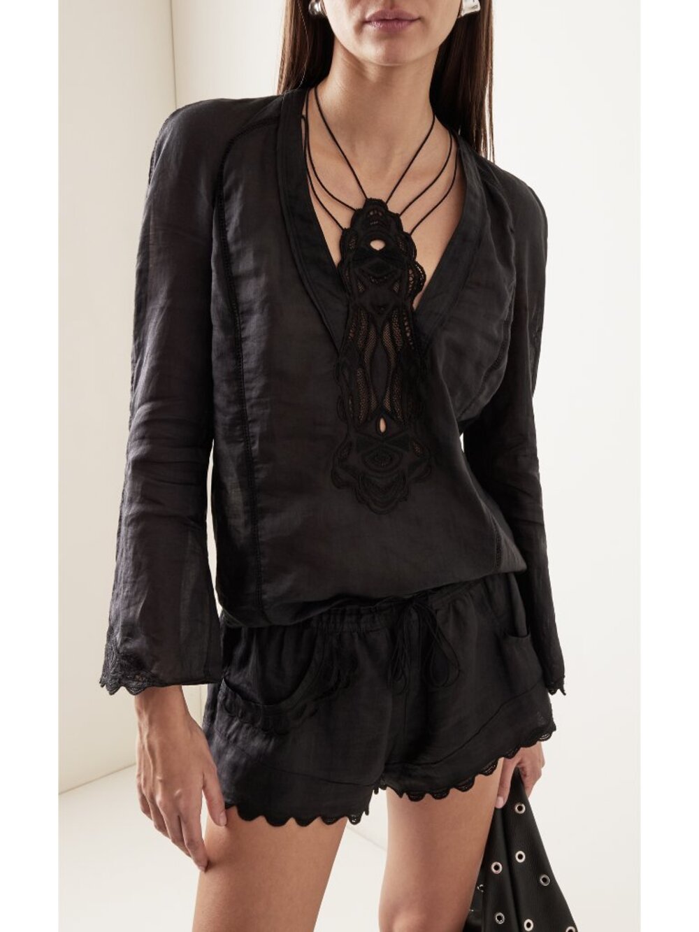 ISABEL MARANT Black Ramie LUNA LOLA Broderie Anglaise Shorts Blouse Top Set 3638